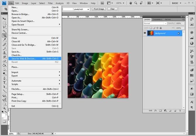 Selecting Save for Web from the Photoshop File menu