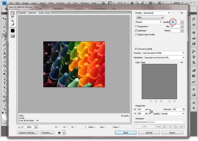Adjusting JPEG quality in the export window